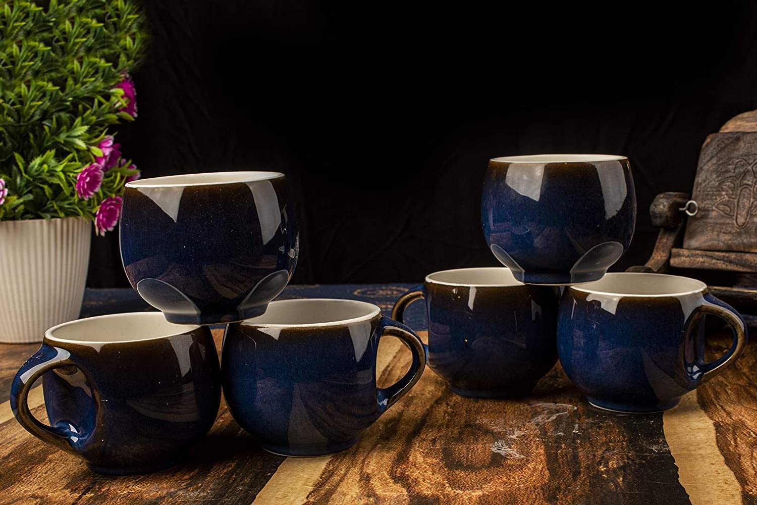 KV Crockwares Ceramic Blue Round Tea Cups Set of 6 Pieces, 180 ml