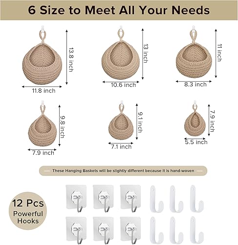 Miniatura 2 de Cestas colgantes de frutas para cocina, 6 cestas colgantes bohemias de pared con 12 ganchos fuertes para almacenamiento, cestas de verduras, frutas,