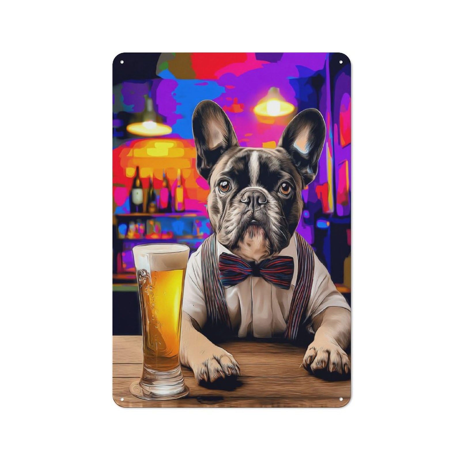 French Bulldog in Bar with Beer Classic Metal Wall Decor 30x20cm, Decorative Tin Plaque for Cafe, Pub, Workshop Or Home Bar