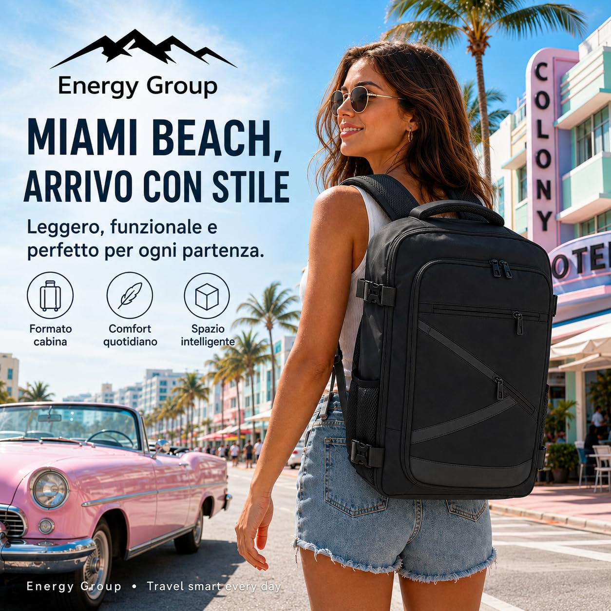ENERGY GROUP Zaino Viaggio 45x36x20 EasyJet e Ryanair, Bagaglio a Mano 30L, Zaino Cabina Uomo Donna, Apertura 180°, Impermeabile, Porta PC 14”, Casual per Viaggio e Lavoro, Compagnie Low Cost– Nero