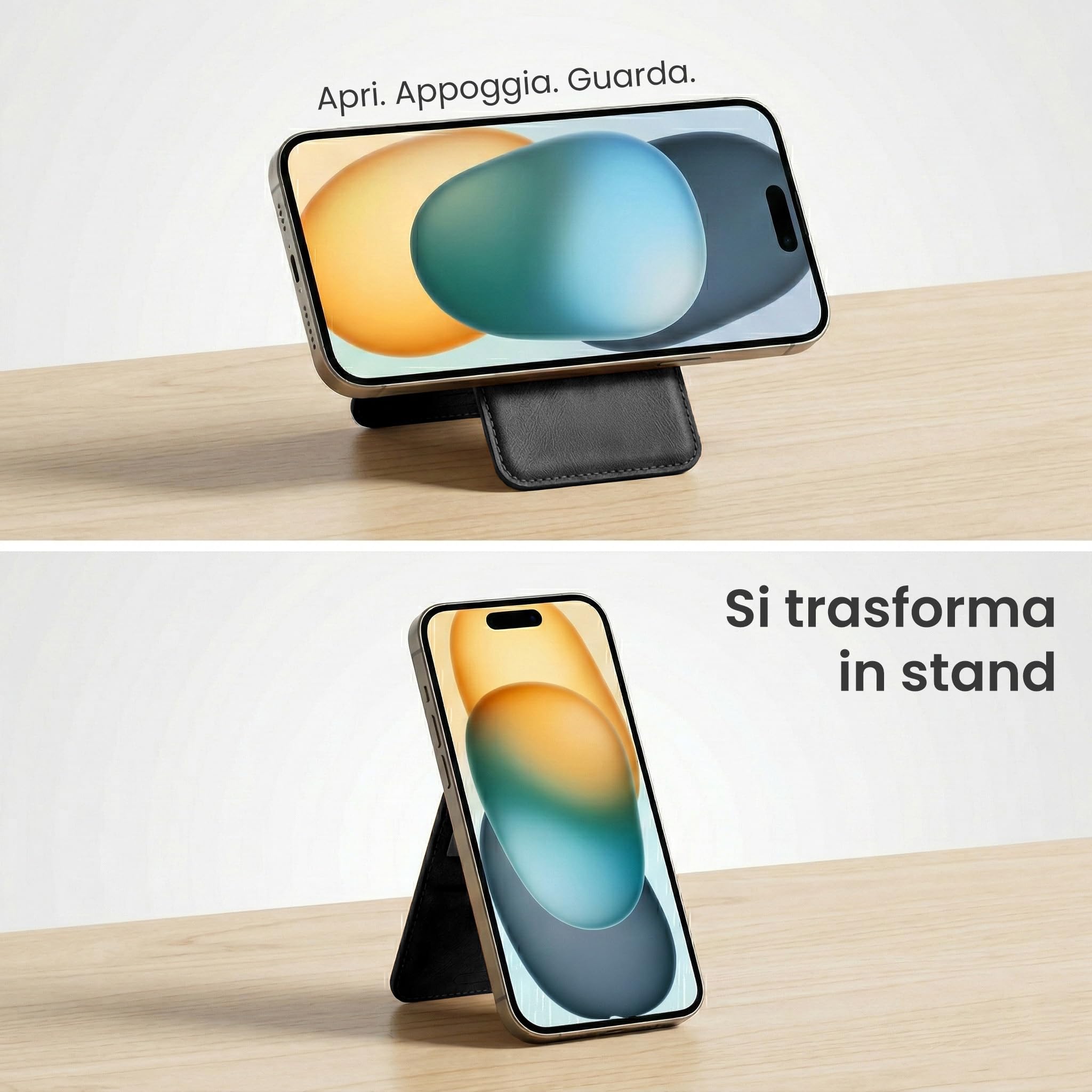 Porta Carte di Credito Schermato - Modello Deux - Fino a 7 Carte, Protezione RFID - Portacarte MagSafe Compatibile, Anello Magnetico Incluso - In Pelle Vegana (NERO)