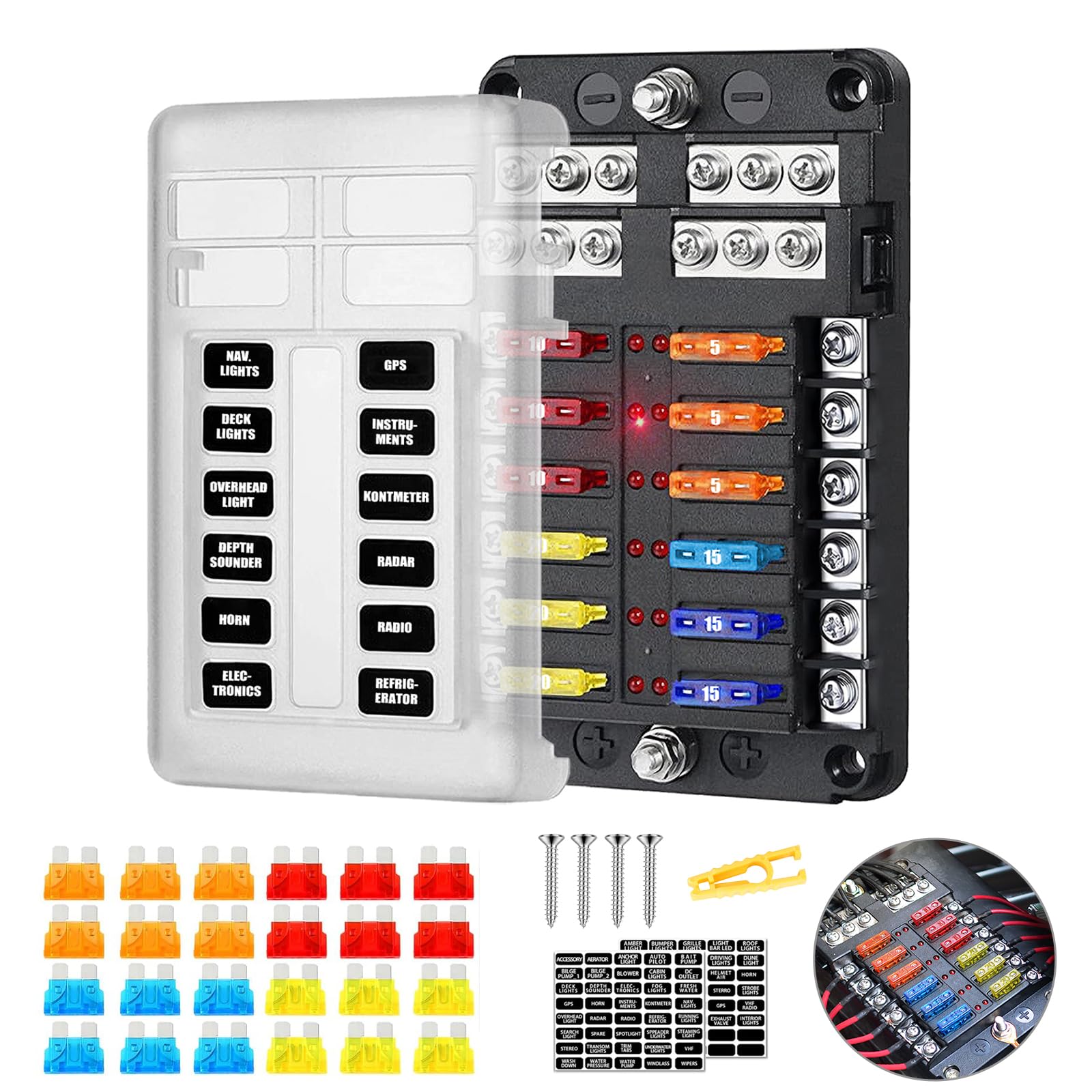 12-krotny uchwyt bezpiecznikowy do samochodu, skrzynka bezpiecznikowa 12 V, z wyświetlaczem LED, do DC 12 V/24 V, do samochodów osobowych, SUV, ciężarówek, łodzi, vanów, pojazdów morskich