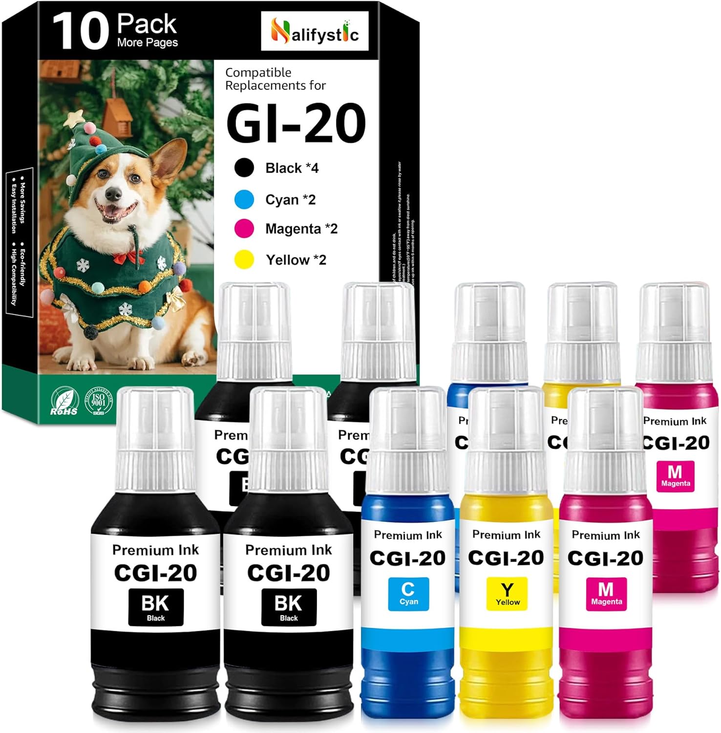Compatible GI-20 Ink Refill Bottles G7020 Replacements for Canon GI20 Ink Refill Bottle Compatible for Canon G6020 G7020 G5020 Printers (10-Pack, 4BK/2C/2M/2Y) G6020 Printer Inks