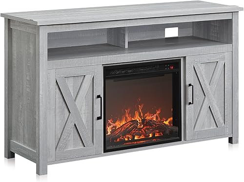 BELLEZE - Mueble moderno con puertas de madera estilo granja y chimenea eléctrica para TV y centro de entretenimiento multimedia, para televisores