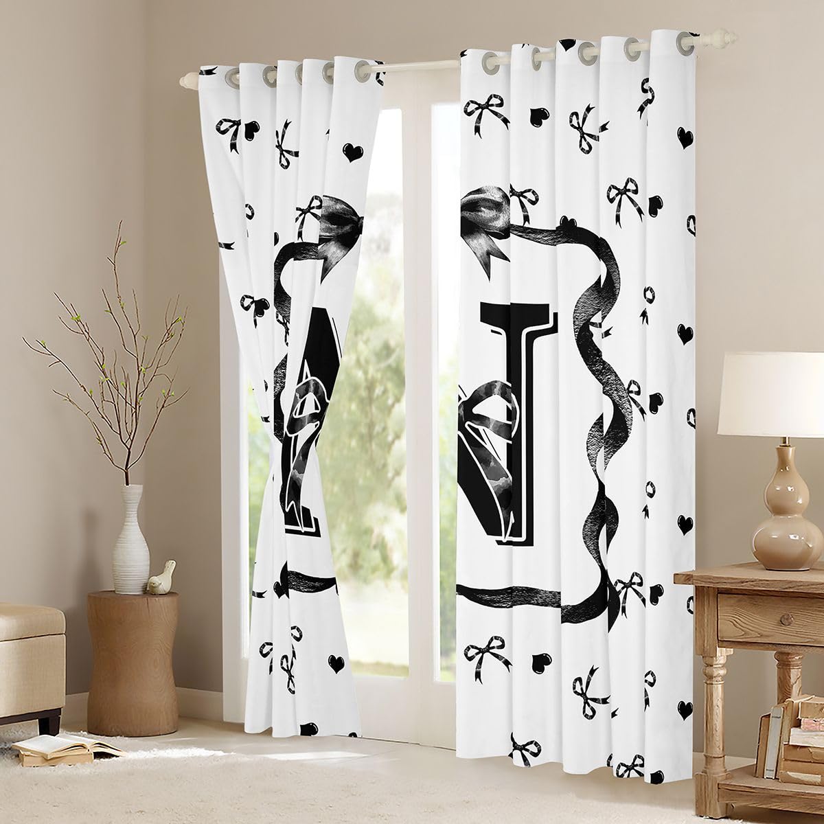 Homewish Litera N kokardki zasłony okienne 132 x 160 cm 2 zestawy paneli - czarno-biała kokarda zasłony zaciemniające czarna muszka ozdoby okienne zasłony dziewczęce kokarda węzeł do sypialni