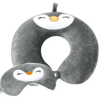 Travel Pillow Animal Neck Support U-Shaped Memory Foam Penguin Travel Pillow Adult Neck Pillow Children Neck Pillow with Cute Sleeping Mask for Car Train Office Home Grey