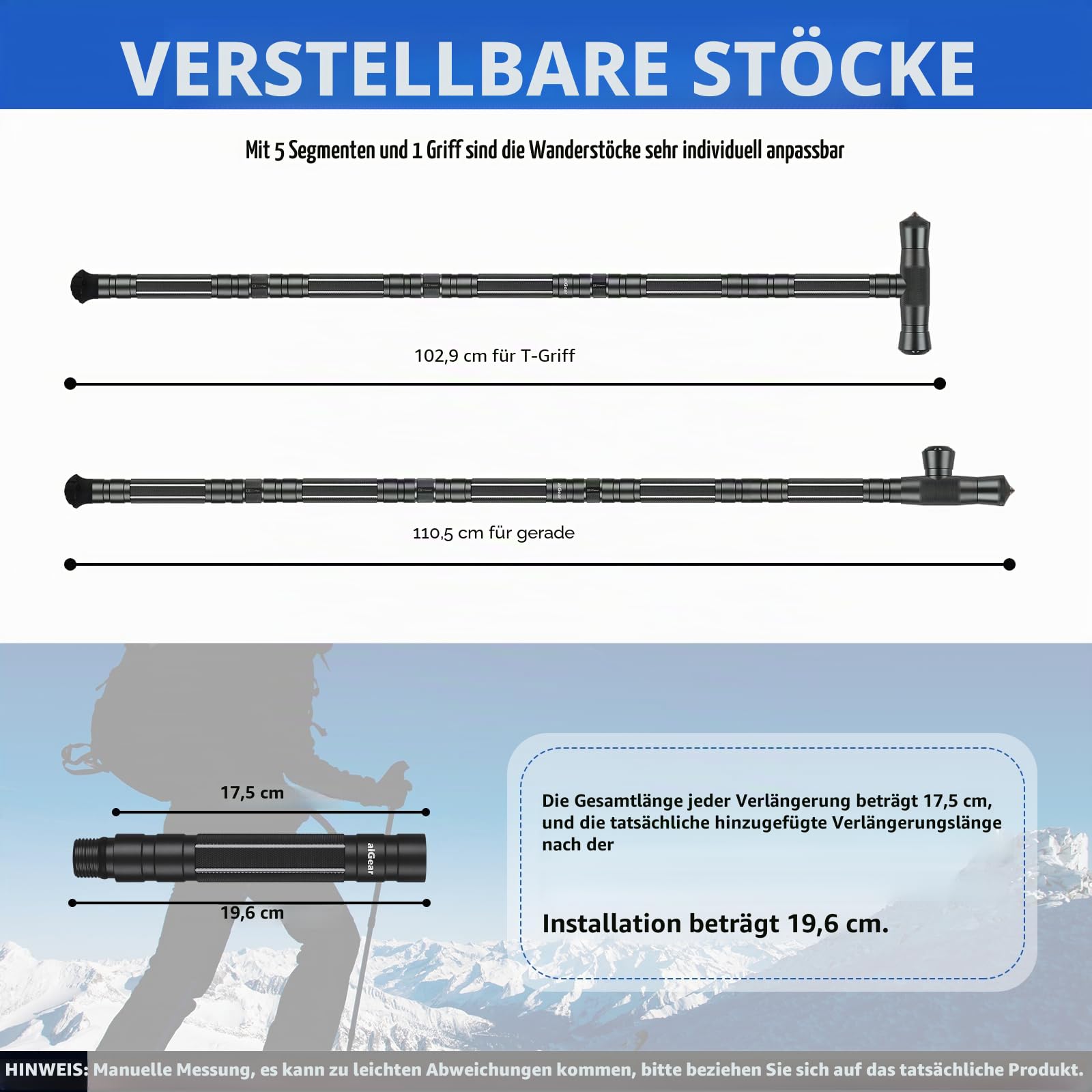 aiGear Wanderstöcke 5 Rohres Schwarz Aluminium rutschfest und Stoßfest | Trekking Stöcke, Walkingstöcke Multifunktionale Bergsteiger Ausrüstung, für Outdoor Wandern Camping Geschenke