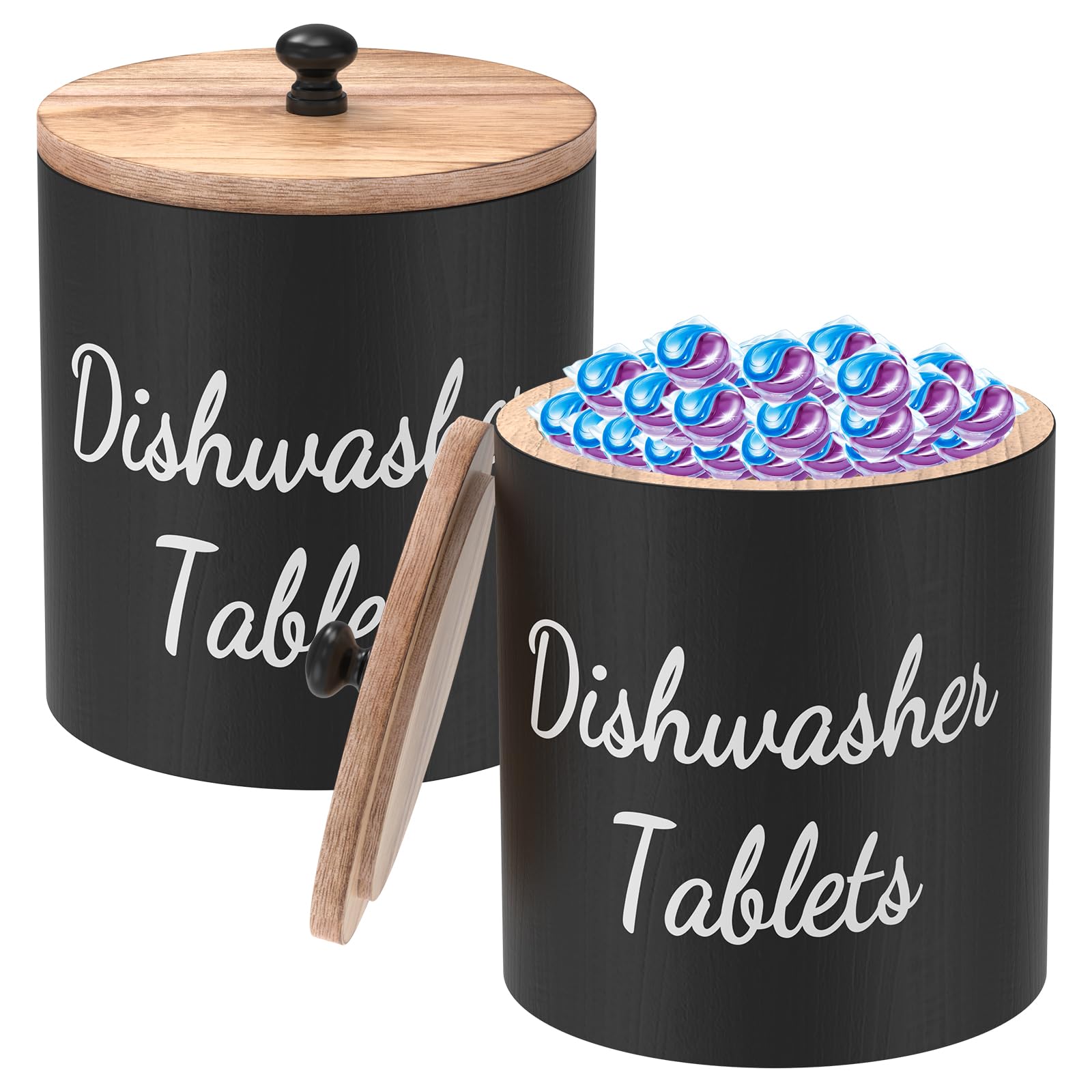 Guijzsltrg Black 2Pcs Wooden Laundry Pods Storage Container With Lid Dishwasher Tablet Storage Box Rustic Round Laundry Pod Holder Multipurpose Bathroom Organizer For Washing Pods, Bath Bombs, Scent Booster(Black)