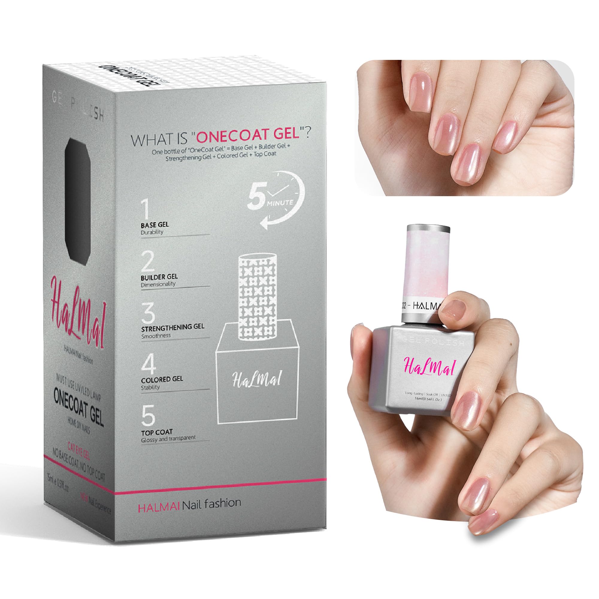 HALMAI Smalto Semipermante Cat Eye OneCoat con Magnete 5 in 1 per Unghie (Base, Colore, Ricostruzione, Rinforzante, Top Coat) -Regalo per Unghie Fai da Te, Ideale per Principianti & Casa (Rosa chiaro)