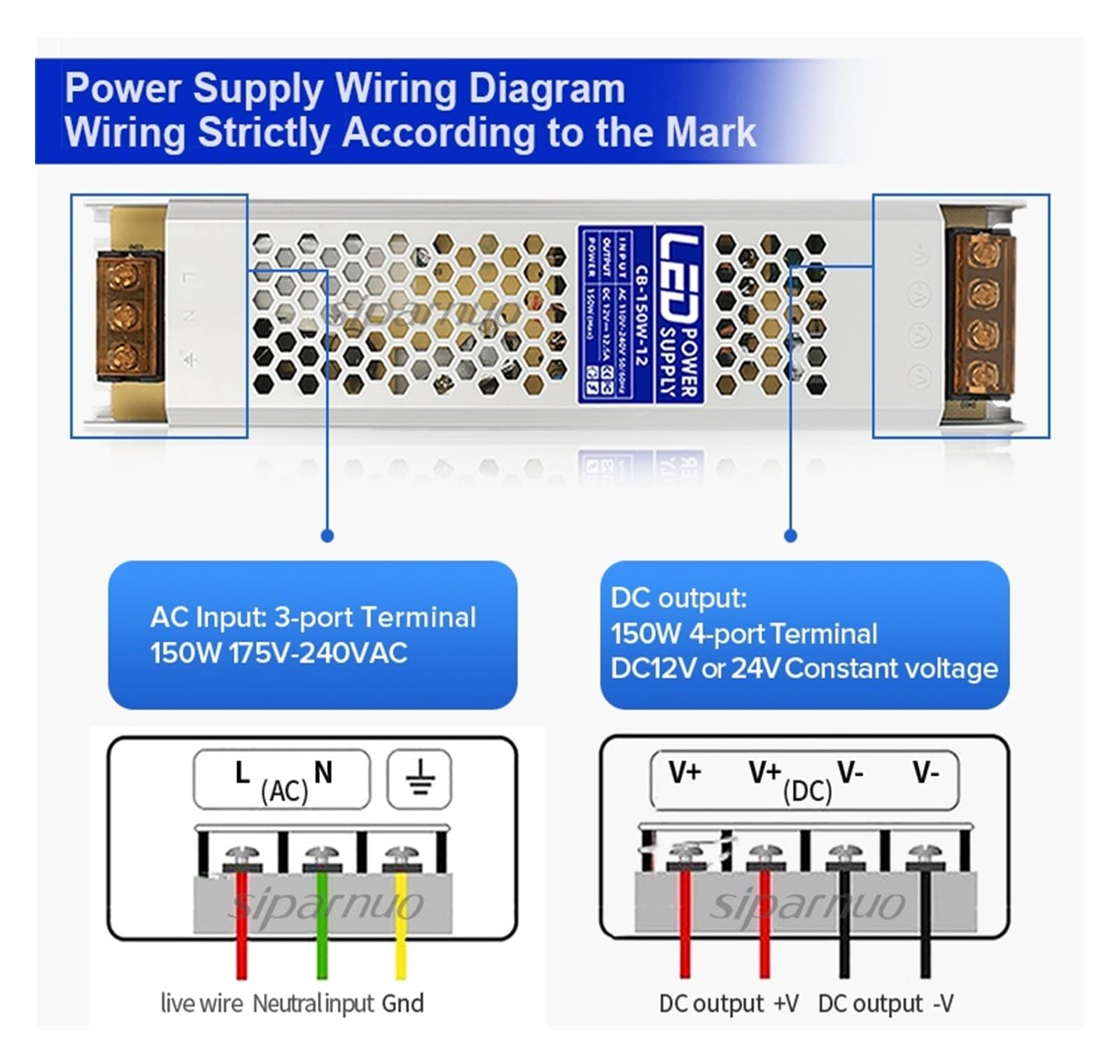 Transformadores de iluminación, fuente de alimentación del controlador LED, adaptador de transformador ultrafino de 60W 100W 150W CC 12V 24V, for tira LED WS2815(60W,12V)