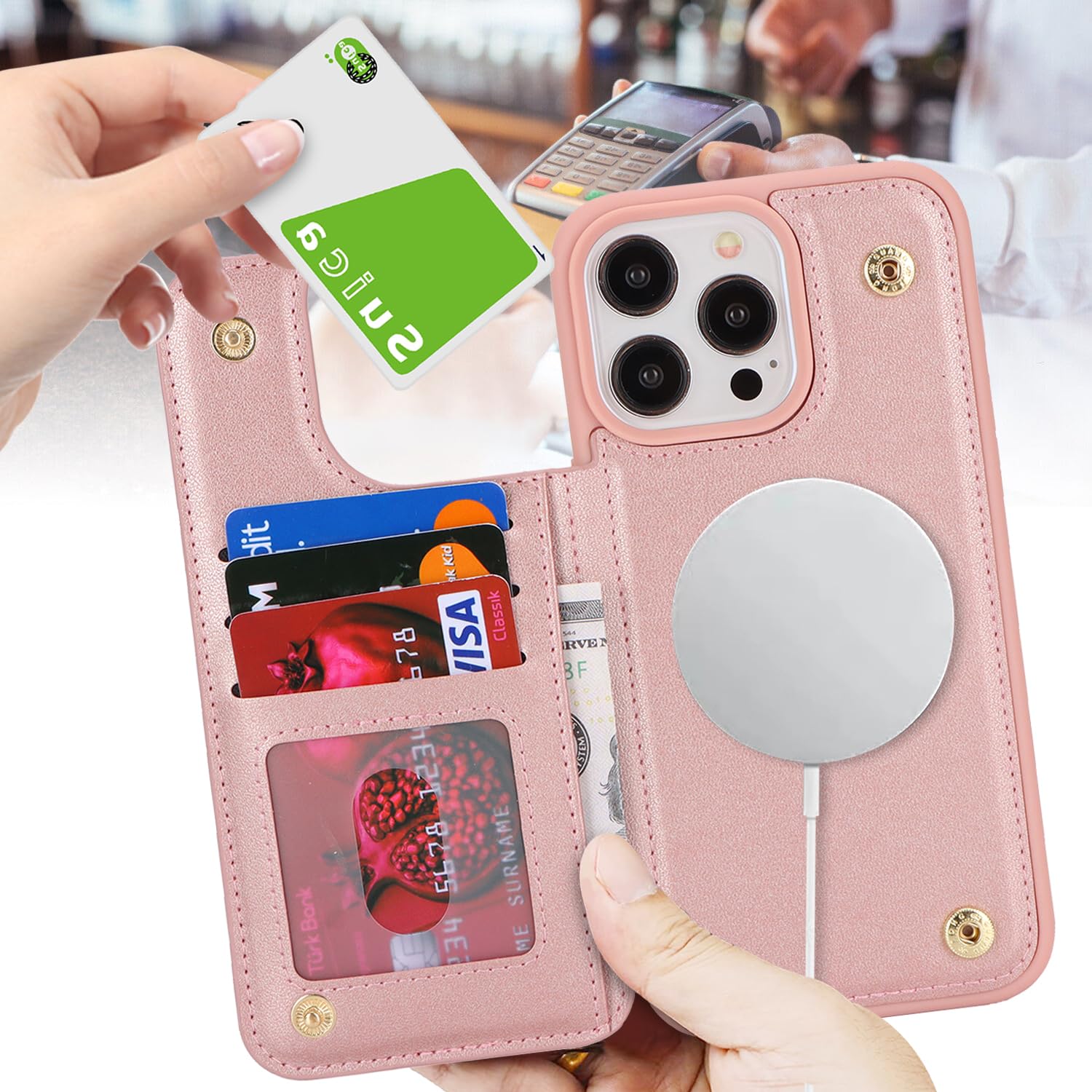 SailorTech iPhone 13 pro max Phone Case with Card Holder,iPhone 13 Pro max Wallet Case for Women Men with MagSafe PU Leather Protective Wallet for iPhone13Promax (Pink)