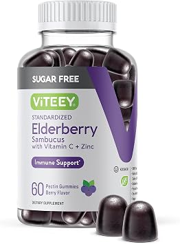 Viteey Sambucus Elderberry Gummies for Adults & Teens + Zinc & Vitamin C | Sugar Free - Immune Support & Booster Herbal Supplement - Vegan, Gluten Free, Gelatin Free, GMO Free, Chewable Berry Flavored