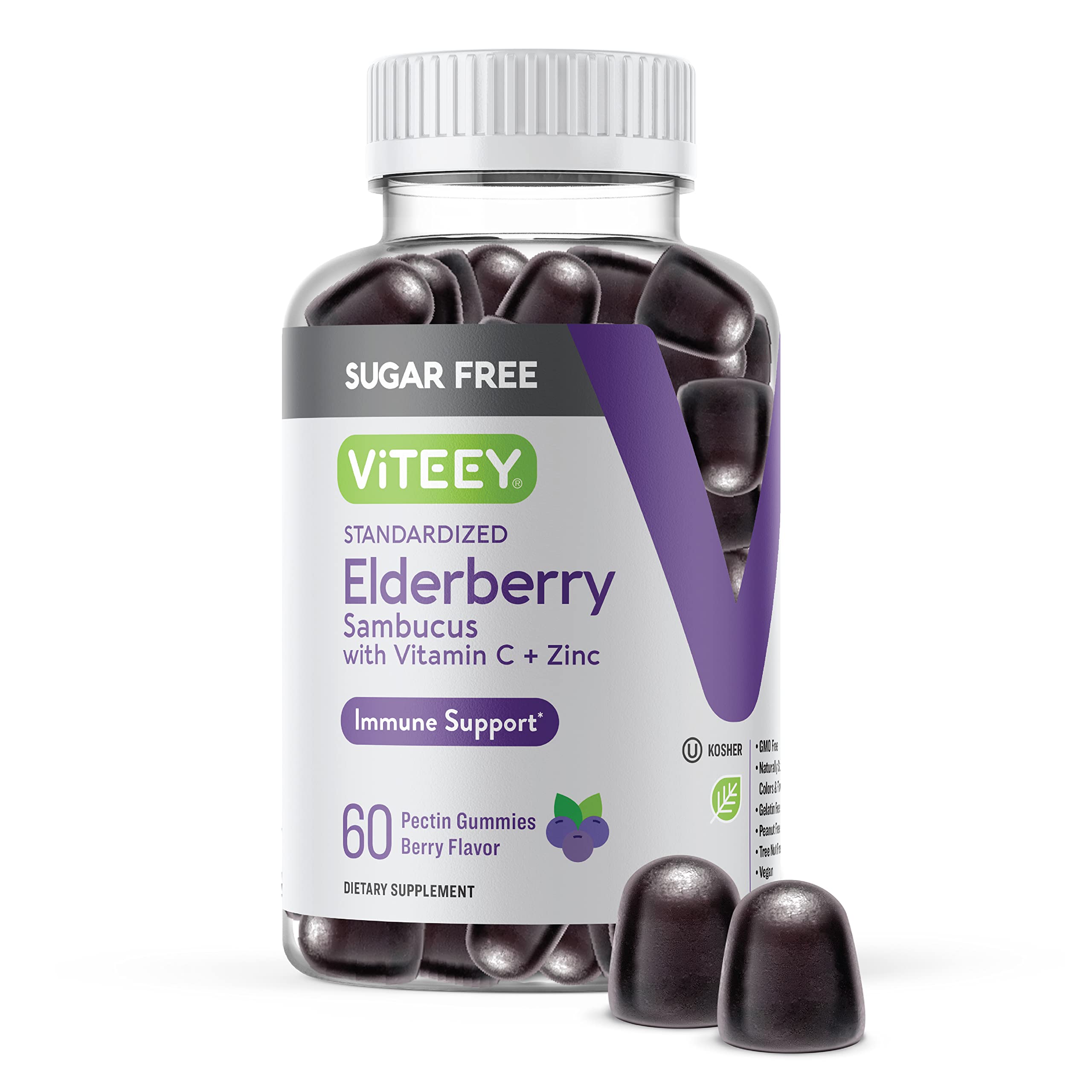 VITEEY Sambucus Elderberry Gummies for Adults & Teens + Zinc & Vitamin C - Sugar Free - Immune Support & Booster Herbal Supplement - Vegan, Gluten Free, Gelatin Free, GMO Free, Chewable Berry Flavored