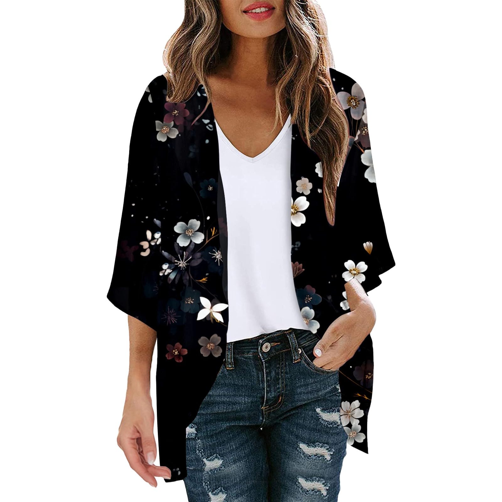 Dasongff Cárdigan de punto para mujer de verano, boho, cárdigan negro, 3/4, cárdigan ligero, manga larga, abierta, parte delantera, suelta, kimono, blazer