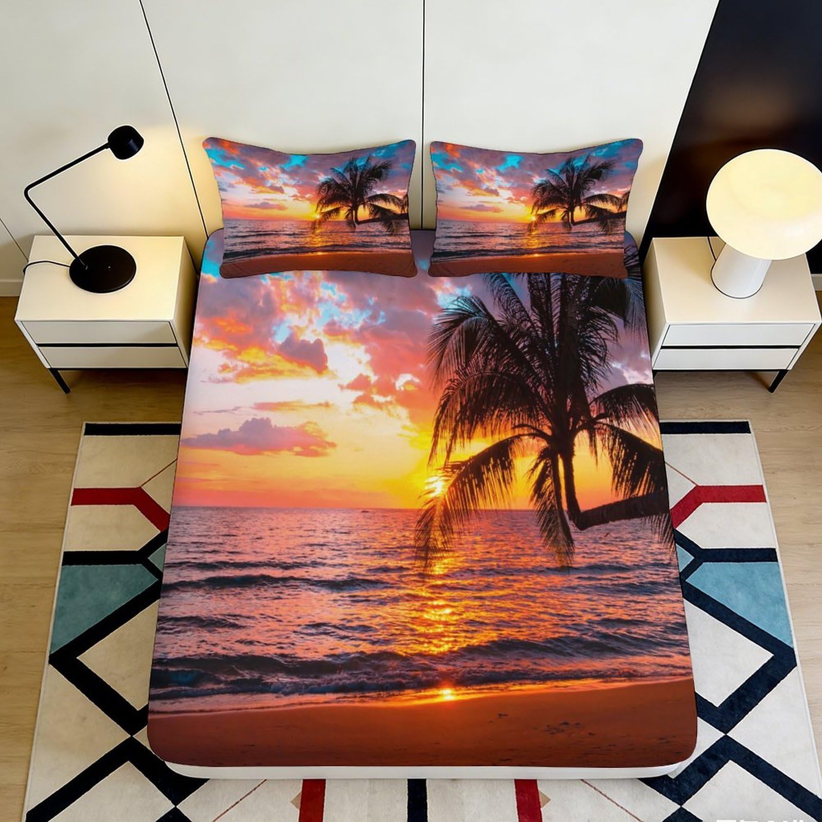 Jqzkxnhpbr Style-1 3D Printed Sunset Beach Fitted Sheet Microfiber Soft Palm Tree Bed Sheet For Bedroom Guest Room Mattress Decor 90X200x25cm