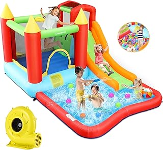 Bounce House, Inflatable Bounce House with Slide for Kids 5-12, Kids Water Slide Bouncy House Water Park for Backyard with Splash Slide,Climbing Wall,Ball Pit,Jumping Area (with Air Blower)