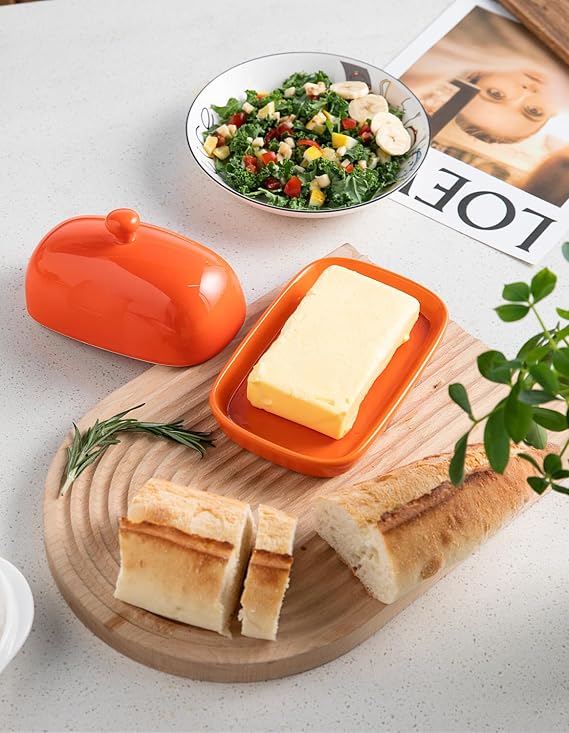Sweejar Ceramic Butter Dish with Lid for Countertop,Porcelain Butter Keeper with Knob Handle,Butter Container for East/West Coast Butter( Orange and Grey)