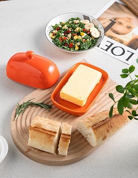 Sweejar Ceramic Butter Dish with Lid for Countertop,Porcelain Butter Keeper with Knob Handle,Butter Container for East/West Coast Butter( Orange and Grey)