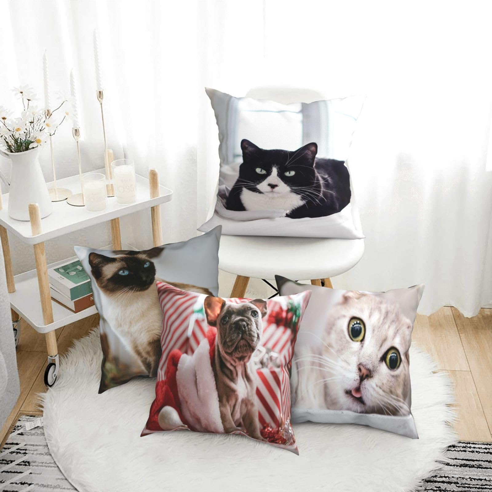 Fundas de Cojines Juego de 4 60x60cm Funda Cojin Felpa Corto Gato Cojines Decoracion Perros Fundas de Cojín Cuadradas Impresión Doble Cara con Cremallera Oculta,para Sofá Cama Decoración Hogar24x24in