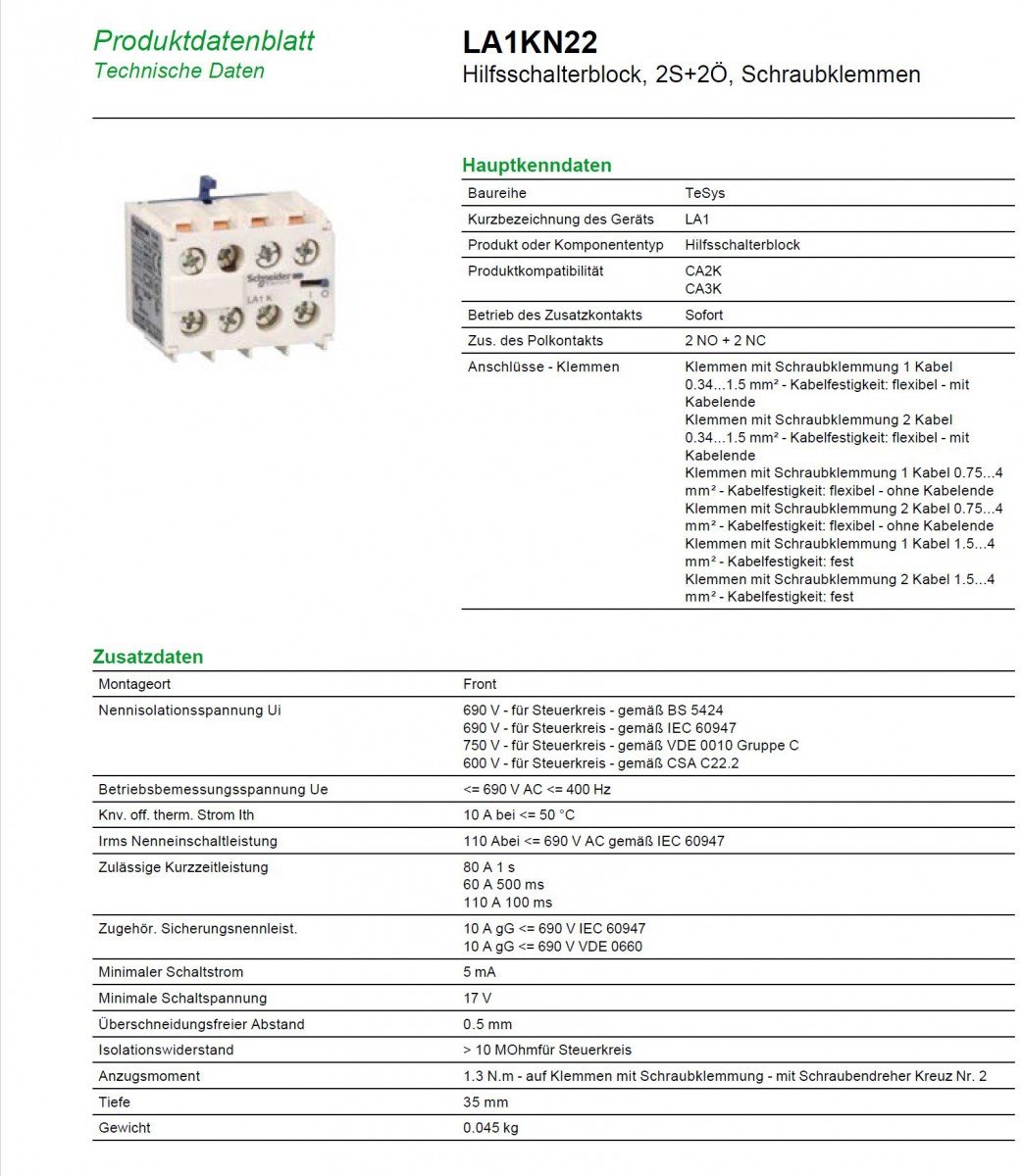 Schneider Electric TeSys Hilfschalterblock, unverzögert, 2S+2Ö, Schraubklemmen, Artikelnummer LA1KN22