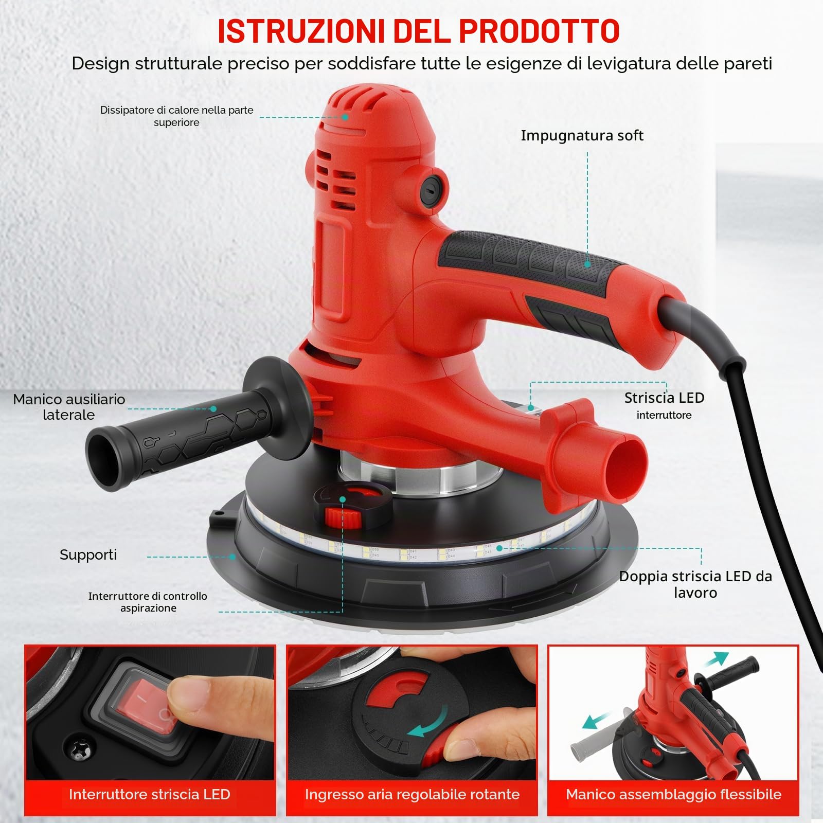 Levigatrice per Muri 800W, 1200-2300 giri/min Levigatrice a Secco Velocità Regolabile, con Aspirazione Polvere Automatica, Luce LED e 12 Dischi Abrasivi Inclusi