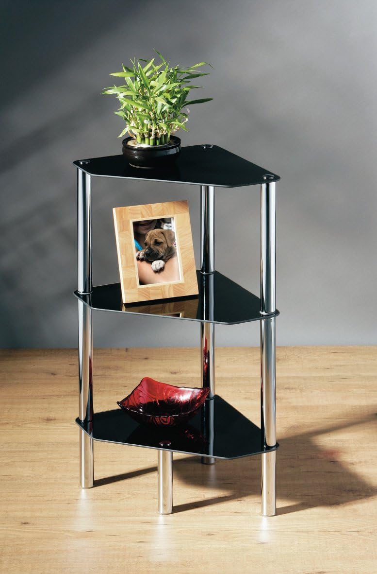 3 TIER EDGE BLACK GLASS CORNER UNIT SHELF W/CHRM FRAME