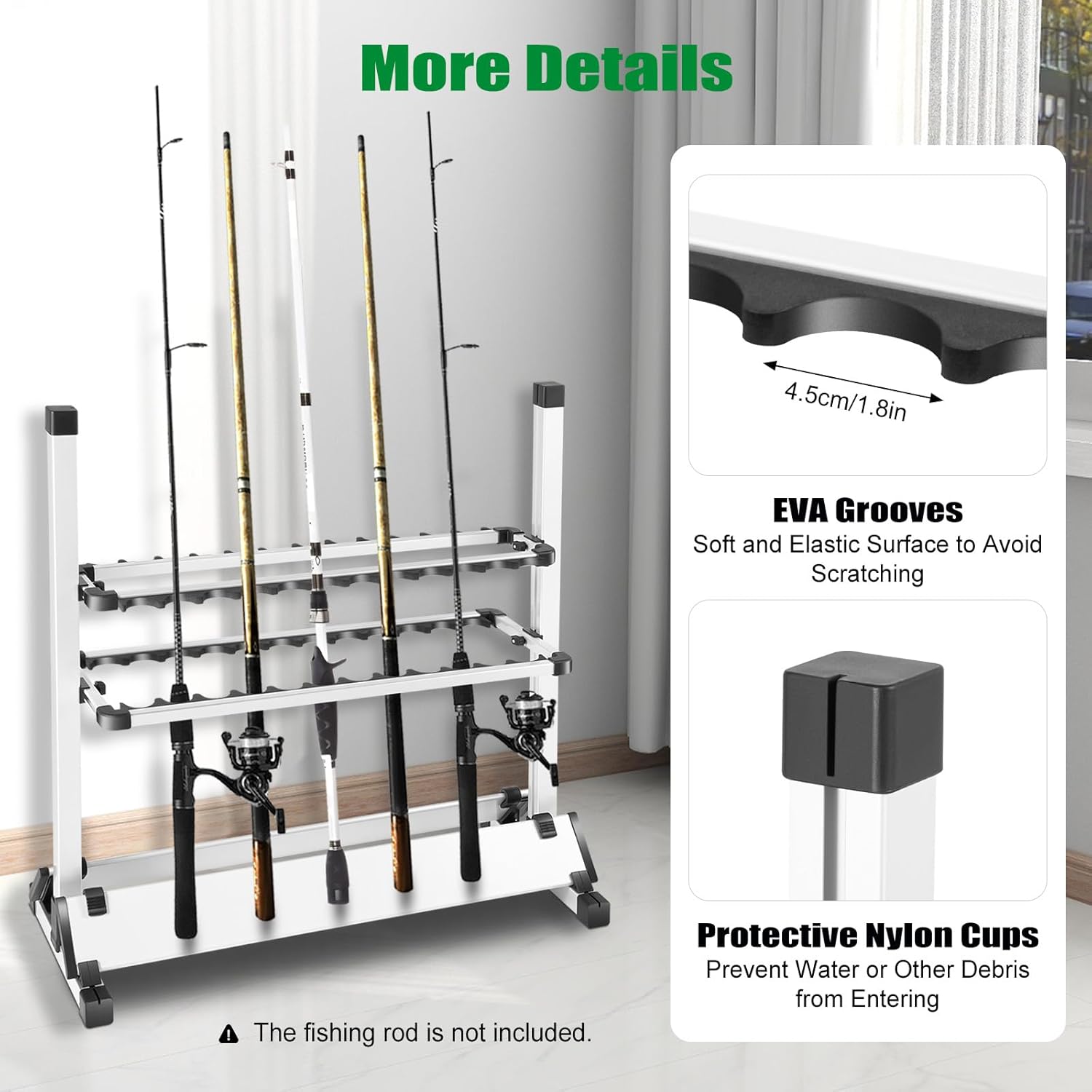 Detailed view of EVA grooves and protective nylon cups on the fishing rod rack