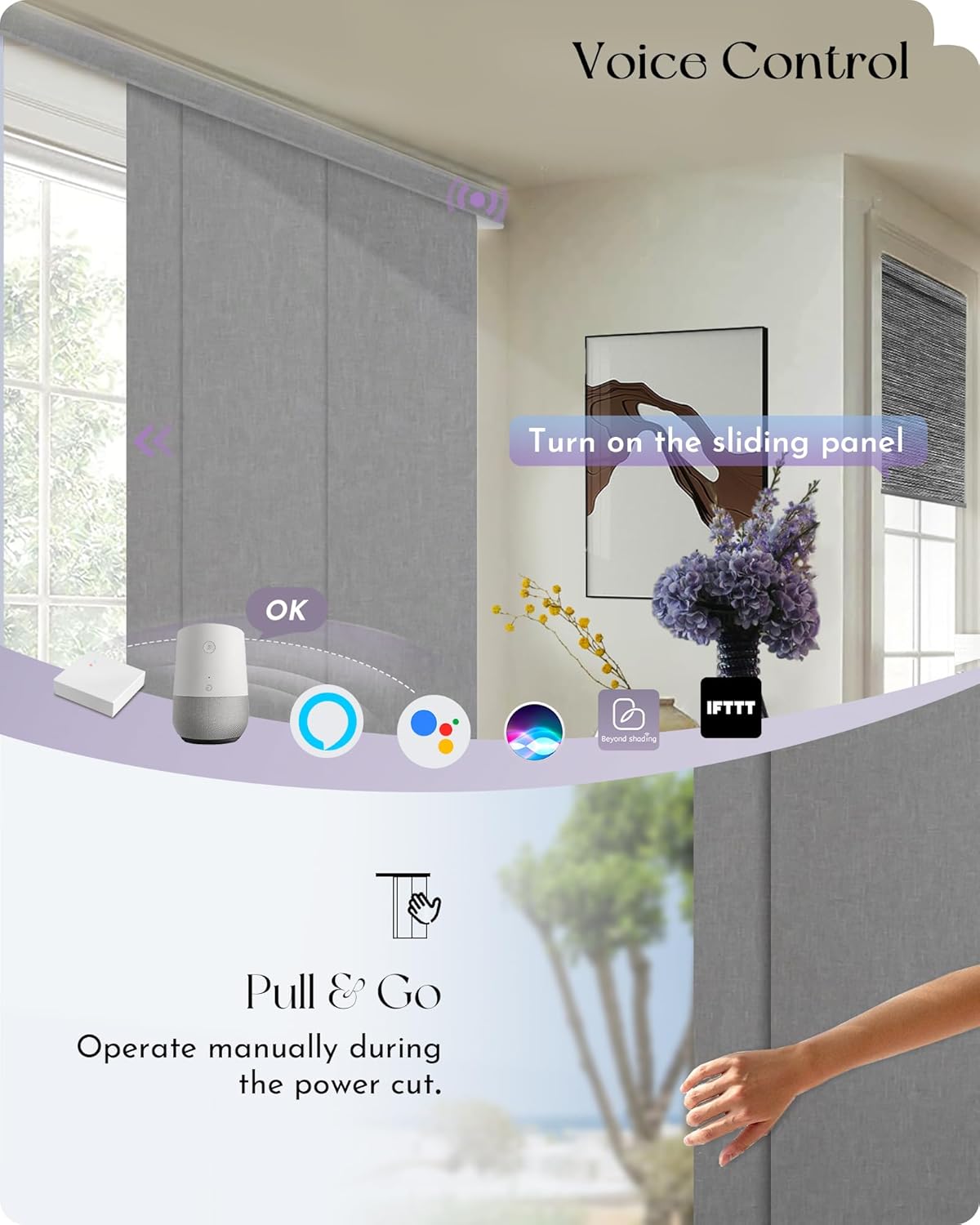 Graywind Rechargeable Smart Sliding Panels Blinds Compatible with Alexa Google Custom Motorized Panel Track Blinds Remote Control for Patio Sliding Door Closet Door Width Up to 177" (Light Grey)