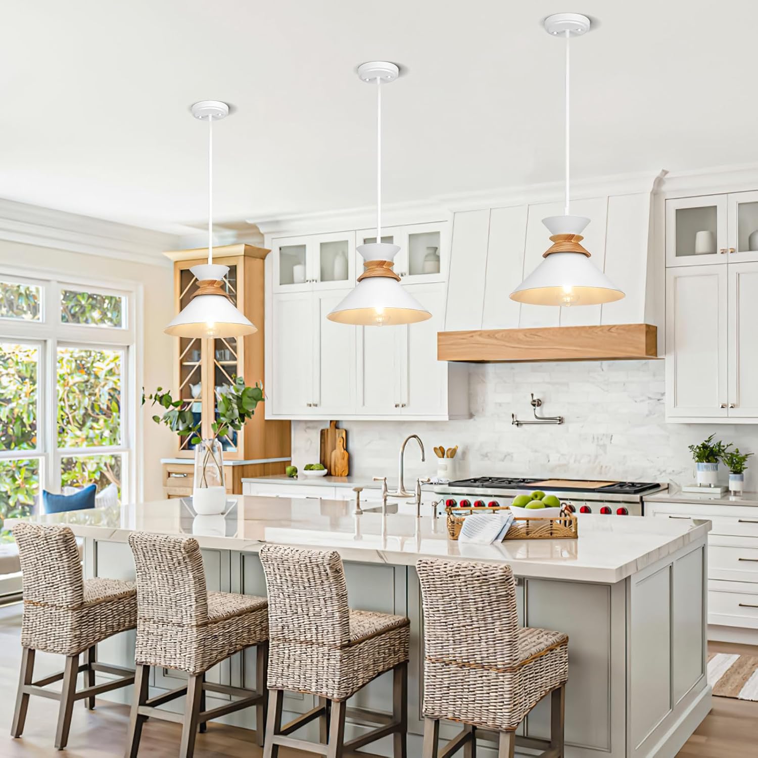 12 Inch White Pendant Lights Kitchen Island Hanging Light Fixtures Adjustable Rod Height Pendant Lighting for Dining Room 3 Pack