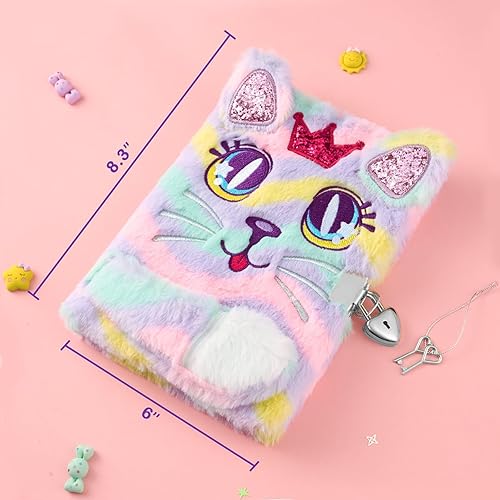 Miniatura 7 de WERNNSAI Diario de gato de felpa con cerradura y llaves, diario para niñas con cerradura para niñas, regalo de cumpleaños, Navidad, San Valentín,