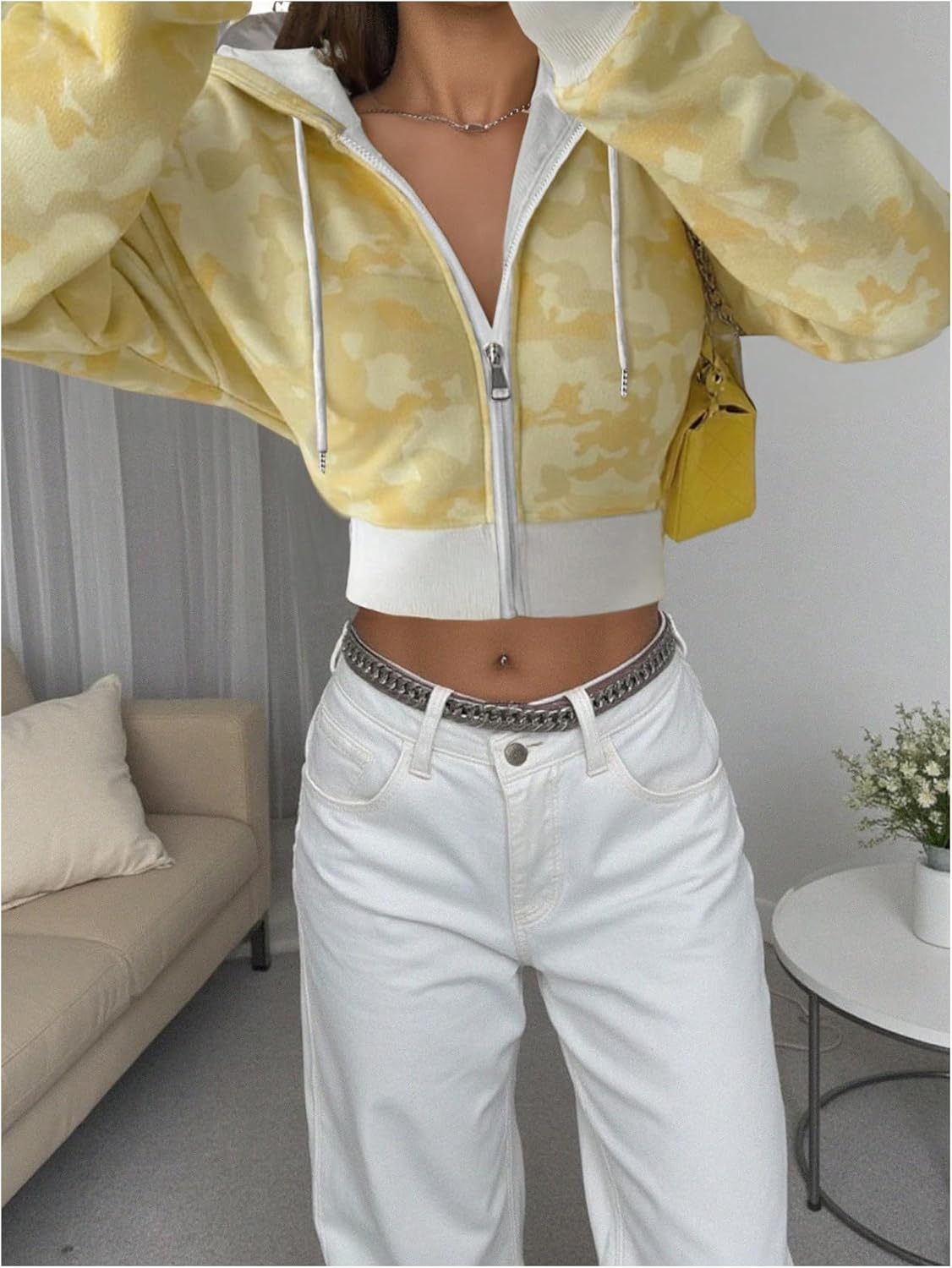 Women's Camo Print Cropped Hoodie Zipper Front Long Sleeve Sweatshirts Streetwear Tops - Image 2