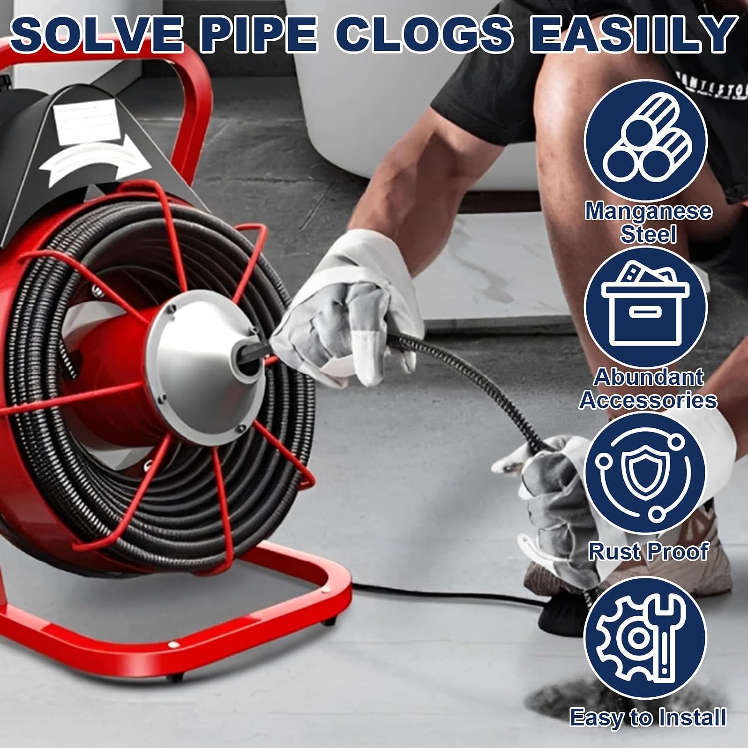 9Pcs Drain Snake Drill Attachment Cutter and Auger Set for 50FT-100FT Drain Machines Heavy-Duty Manganese Steel Cutters Fits 5/16" to 3/4" Cable Drains Cleaning Tools with Storage Case