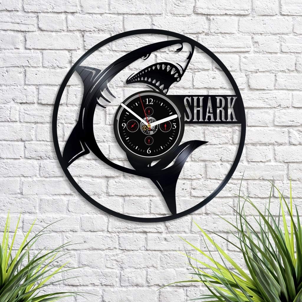 Shark Wall Clock 12 Inch Shark Fishing Wall Clock Fish Wall Clock Vintage Vinyl Record Retro Wall Clock Large Ocean Art Birthday Gift Hobby Gift New Year Gift Handmade Clock Shark