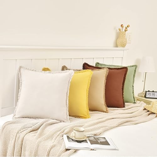 Miniatura 7 de ZWJD Juego de 2 fundas de almohada de 20 x 20 pulgadas, color café, con flecos, elegantes, de algodón, decorativas, cuadradas, para sofá, cama, sala