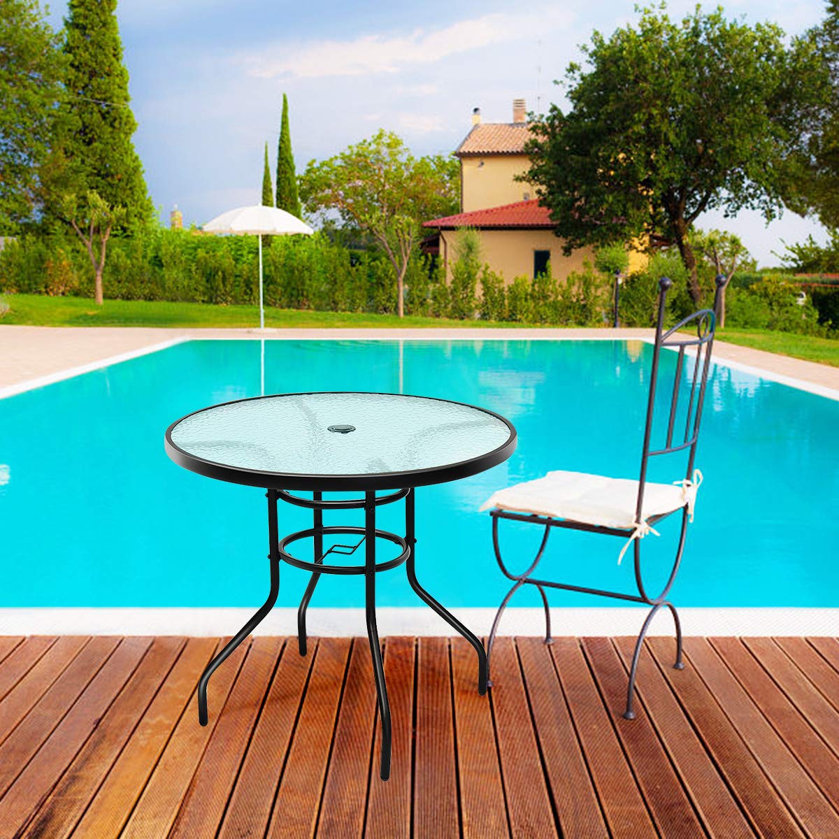 COSTWAY Table de Jardin Ronde, Plateau en Verre Trempé Massif avec Trou de Parasol, Cadre en Métal Anti-Rouille Plateau ø 80 CM, Hauteur 70 CM pour Balcon, Bistro,Patio, Terrasse Noir