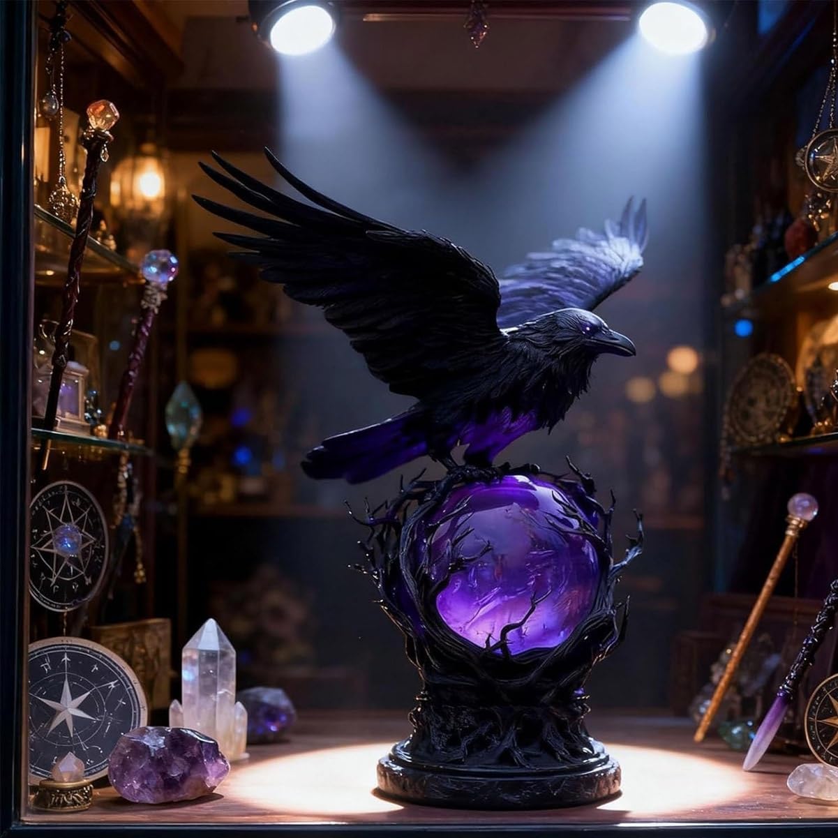 “Raven’s Moonlight” Gothic LED Lamp – Mysterious Crow on Glowing Orb Sculpture, Raven on Glowing Orb with Violet Light, Gothic Raven Crow Lamp for Gothic Collectors, Halloween Enthusiasts(#a)