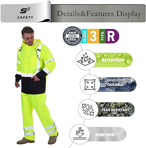 Miniatura 4 de sesafety Hi Vis - Chaqueta de lluvia de alta visibilidad clase 3 traje de lluvia para hombre impermeable con malla frontal cremallera Lima