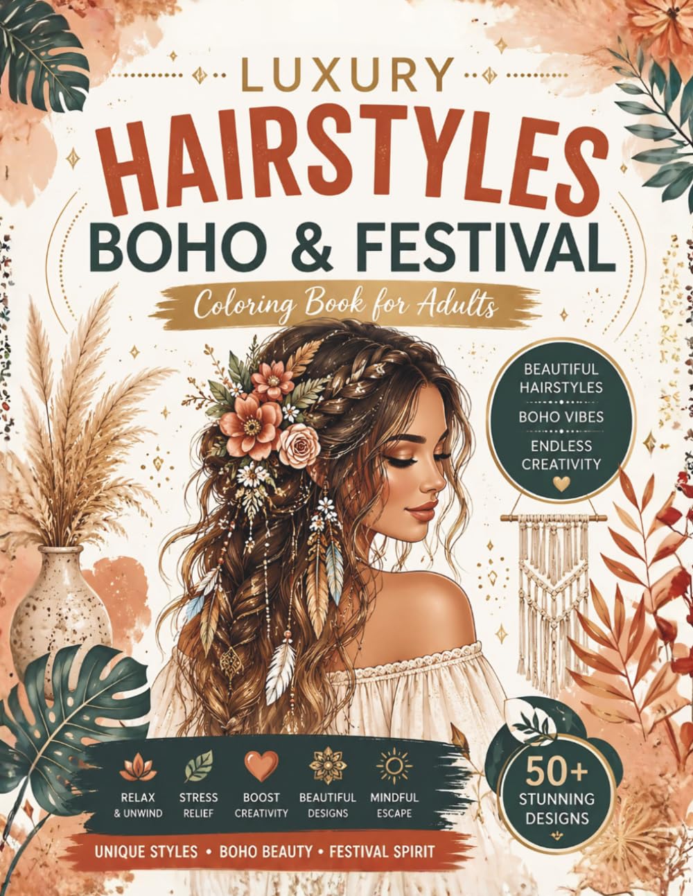 Luxury Hairstyles Vol. 2: Boho & Festival Coloring Book: 50 Vibrant Bohemian Designs for Adults and Teens | 102 Pages with Black Reverse Sides to Prevent Bleed-Through | Relaxing Mindful Activity Book
