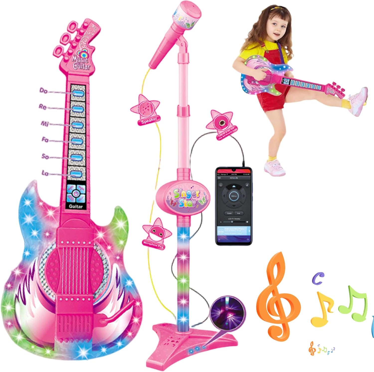 Guitar and Microphone for Kids, Toy Guitar with Music & Light, Adjustable Height 2 in 1 Kids Microphone with Stand, Learning Toy Instruments