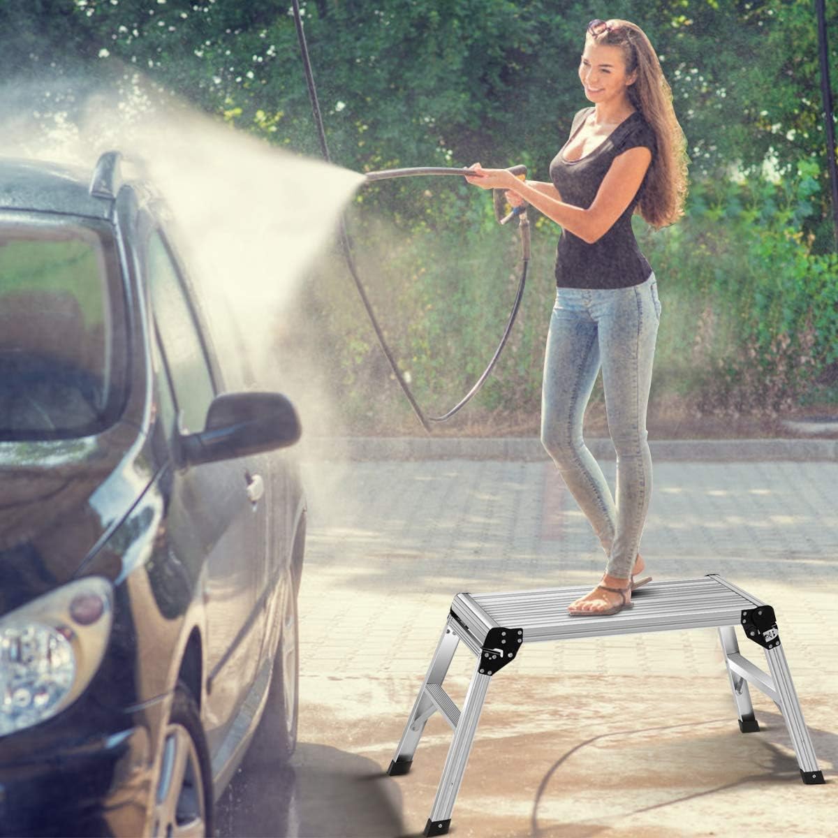 LUARANE Work Platform, 330 LBS Aluminum Step Ladder w/Non-Slip Mats, Folding Platform Ladder for Painting Washing Home Garage (Silver)