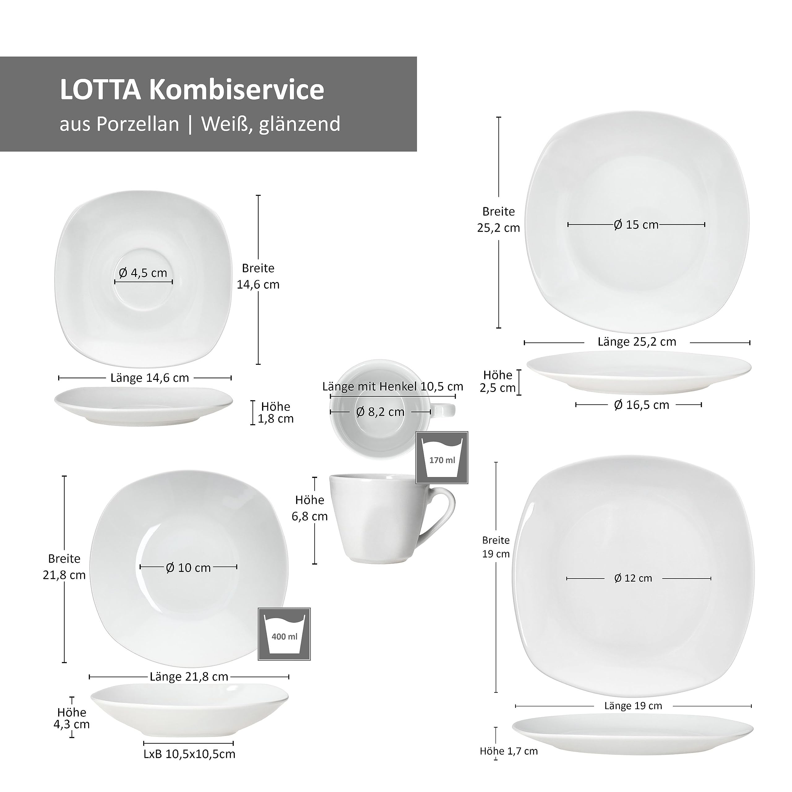 MamboCat Lotta 30tlg Kombiservice I weiße Porzellan-Geschirrset für 6 Personen I Je 6x Kaffeetassen, Untertassen, Kuchenteller, Suppenteller & Speiseteller I Tafel & Kaffee für Gastro, Hotel & Co