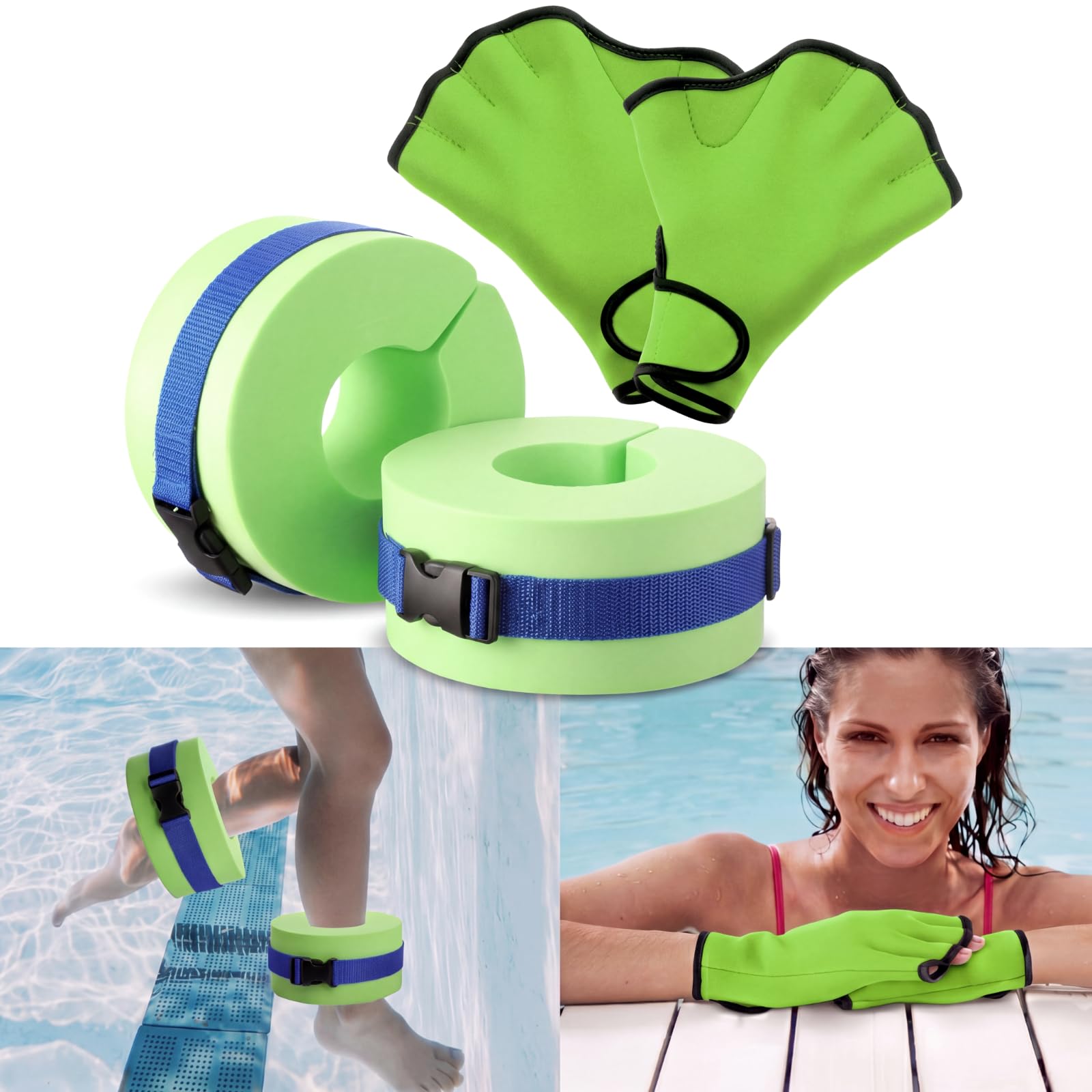 Hungdao Water Aerobics Set for Aquatic Exercise 1 Pair Swimming Glove 2 Pcs Foam Swim Aquatic Cuffs Water Weights Pool Resistance Fitness Equipment for Swimming Training Water Workouts (Green)-image-15
