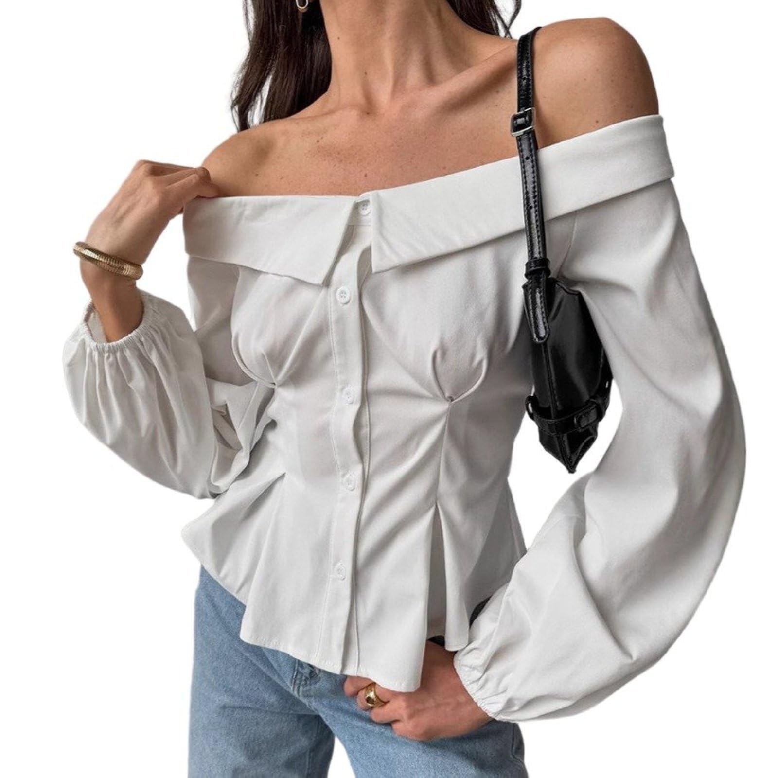 Damskie Seksowne Topy Z Odkrytymi Ramionami SkłAdają Się Slim Fit Jednolity Kolor DłUgi RęKaw Eleganckie Bluzki WyjśCiowe
