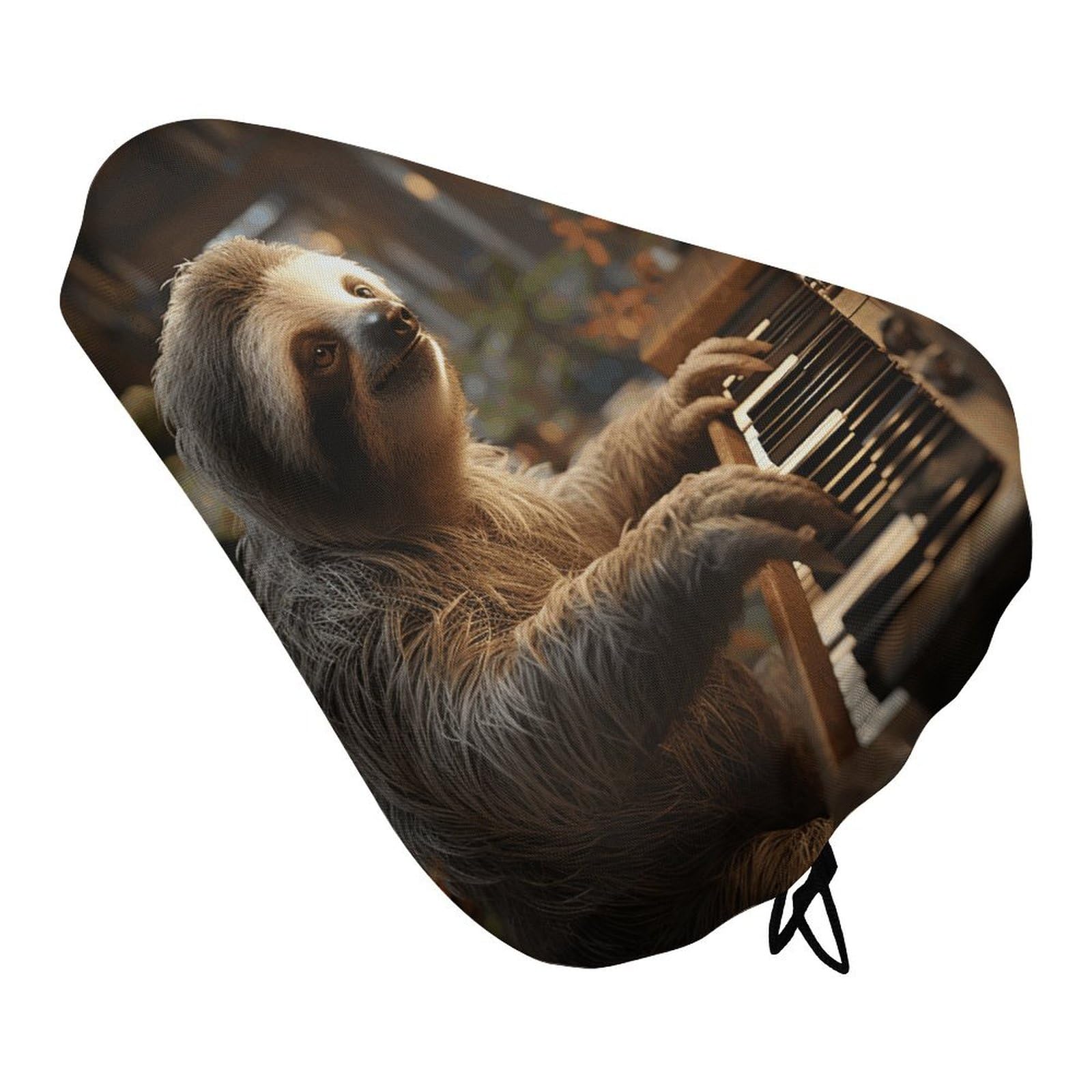 Sloth Playing Piano Cartoon Bike Seat Cover Water-Repellent Exercise Bike Seat Cushion Bicycle Saddle Cover with Drawstring Rain Snow Dust Covers for City Mountain Road Biking