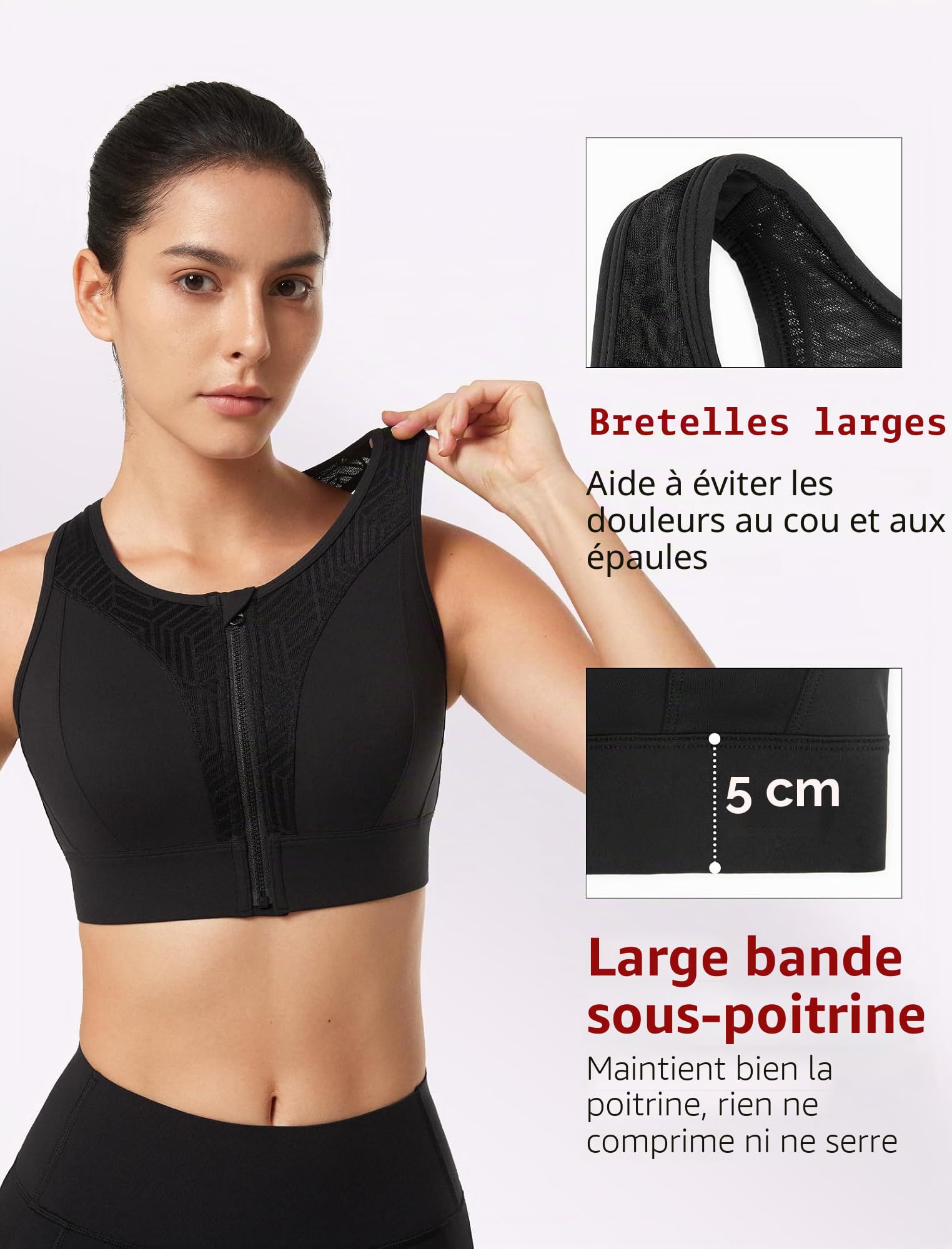 Yvette Brassière Sport Rembourrée Femme Dos Nageur Zip Avant Soutien Gorge de Sport Maintien Fort Grande Taille