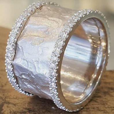 Italian Brushed Wave Asymmetric Design CZ Accent Statement Wide Band Ring