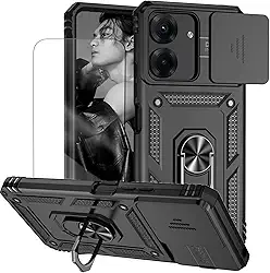 Capa para Redmi 13C e Xiaomi Poco C65 Capinha | com 2 peças de protetor de tela temperado com janela deslizante da câmera e suporte para telefone incluídos - Preto