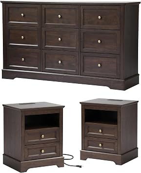 LOUVIXA Farmhouse Bedroom Sets of 3, Including 9 Drawer Dresser, Nightstand Set of 2 with Charging Station Brown Sets, 3 Pieces-9 Drawer Dresser+2 Nightstand