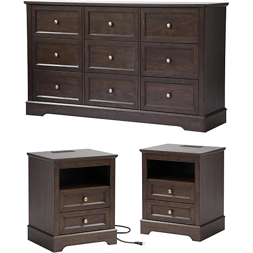 Bedroom Sets, Include 9 Drawer Dresser, and Nightstand Set of 2 with Charging Station (Brown Sets, 3 Pieces)