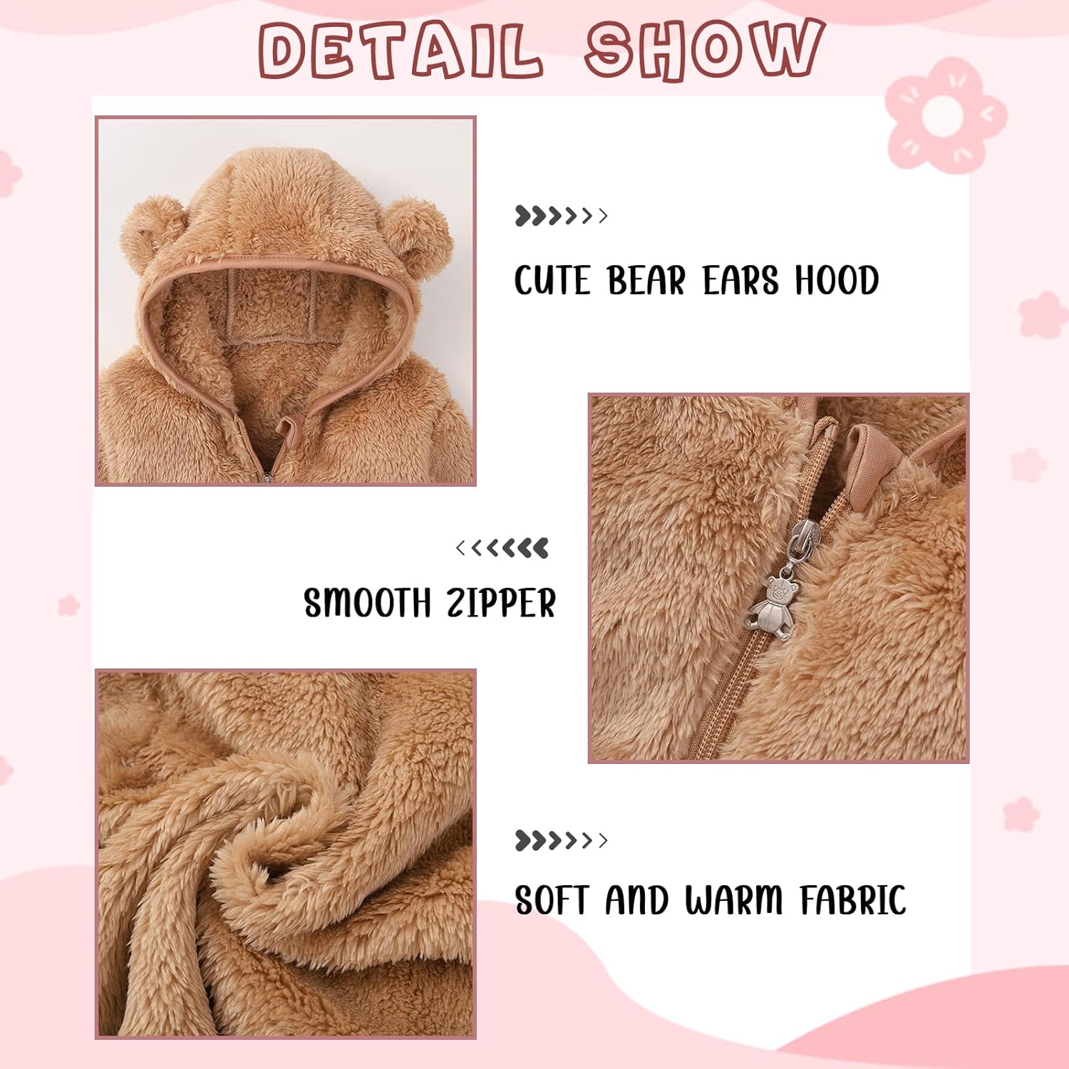 Baby Toddler Boys Girls Fleece Jacket with Hood Zip Up Cute Bear Coats for Infant Boys Girls Fuzzy Jacket with Ear 1-5T - Image 6